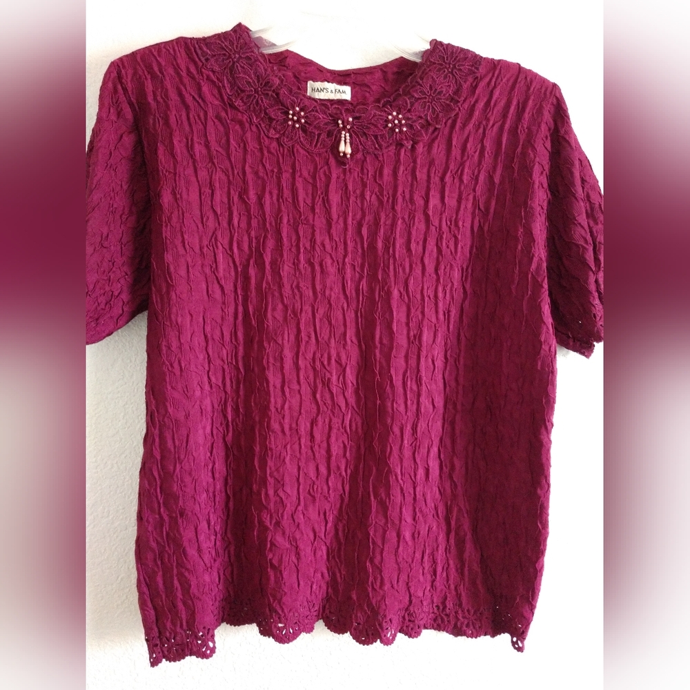 Han's & Fam Women's Purple Burgundy Knit Top Beading Detail Size 4 Chest 36"